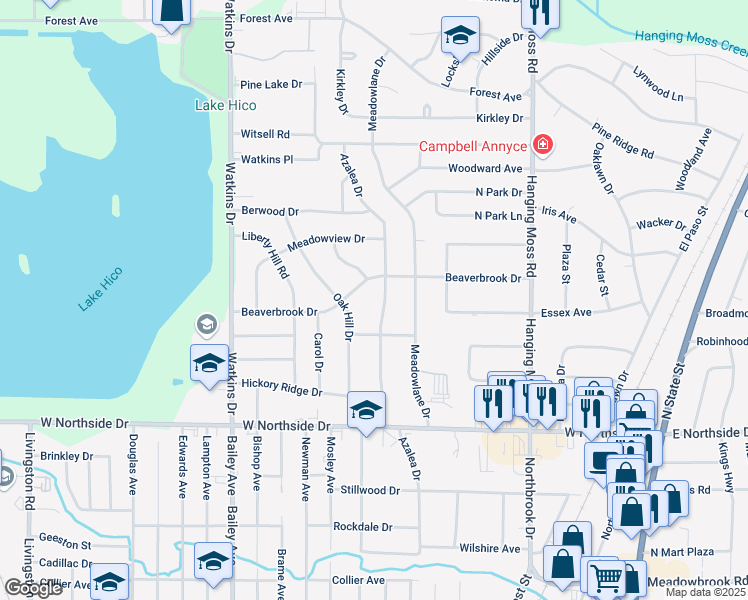 map of restaurants, bars, coffee shops, grocery stores, and more near 4138 Azalea Drive in Jackson