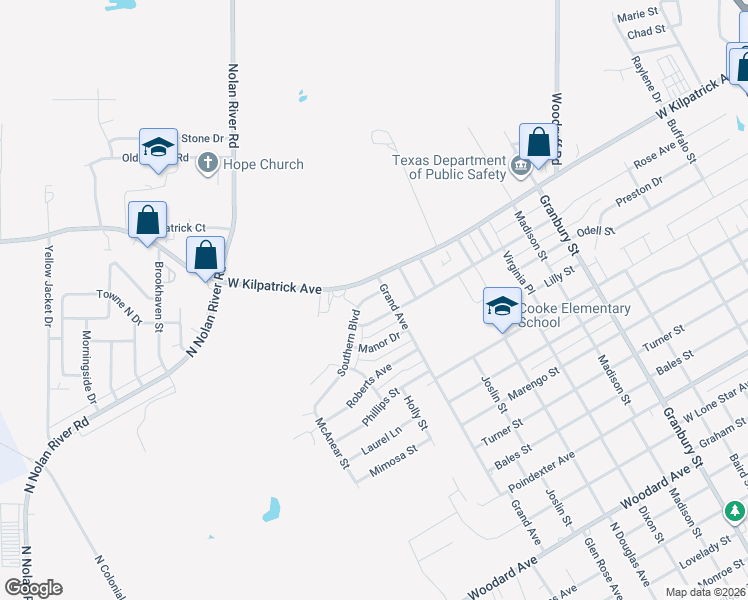 map of restaurants, bars, coffee shops, grocery stores, and more near 1910 Grand Avenue in Cleburne