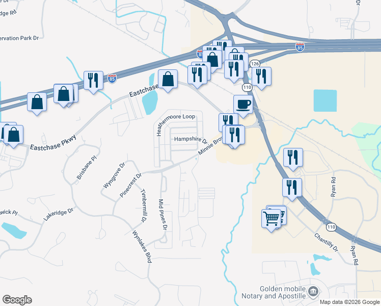 map of restaurants, bars, coffee shops, grocery stores, and more near 6949 Heathermoore Loop in Montgomery
