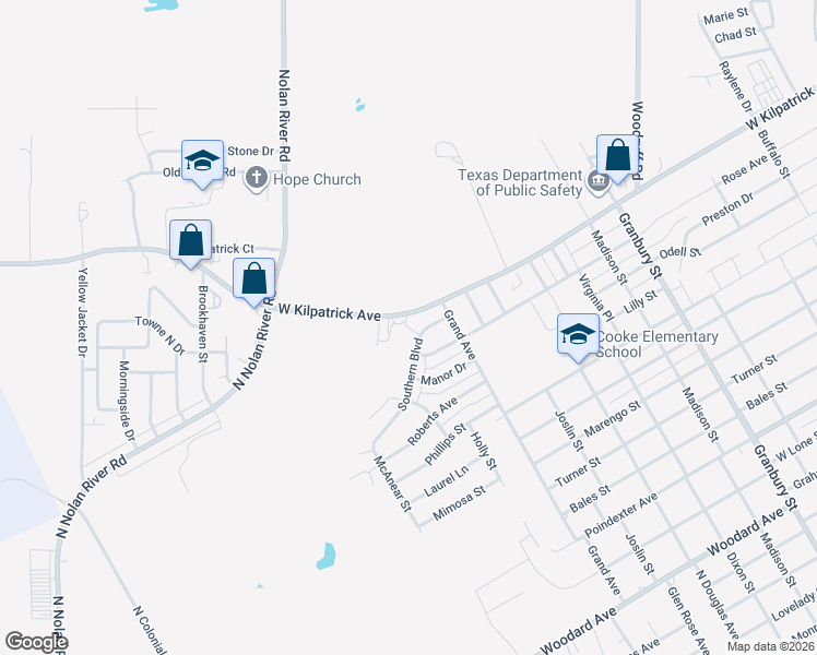 map of restaurants, bars, coffee shops, grocery stores, and more near 1310 Southern Boulevard in Cleburne