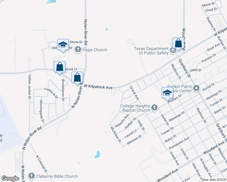 map of restaurants, bars, coffee shops, grocery stores, and more near 1265c West Kilpatrick Street in Cleburne