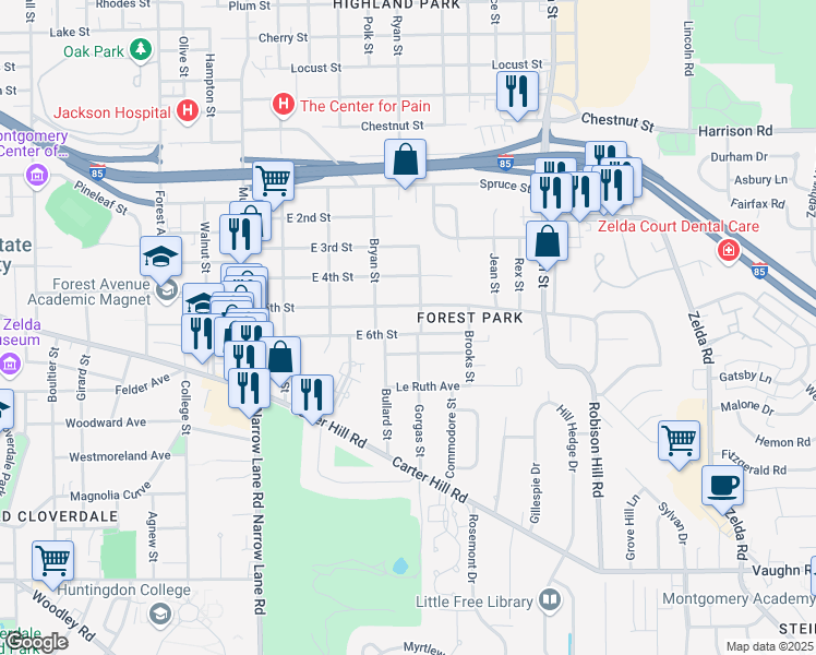 map of restaurants, bars, coffee shops, grocery stores, and more near 2331 East 6th Street in Montgomery