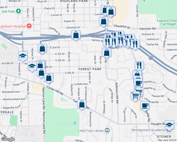 map of restaurants, bars, coffee shops, grocery stores, and more near in Montgomery