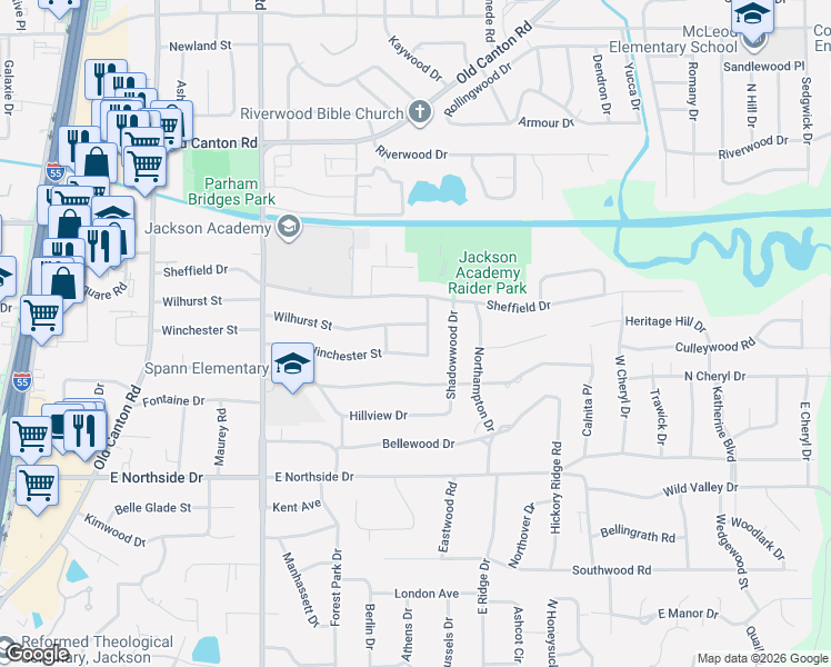 map of restaurants, bars, coffee shops, grocery stores, and more near 1712 Wilhurst Street in Jackson