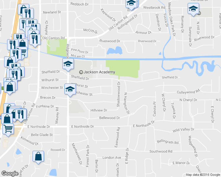 map of restaurants, bars, coffee shops, grocery stores, and more near 1735 Wilhurst Street in Jackson
