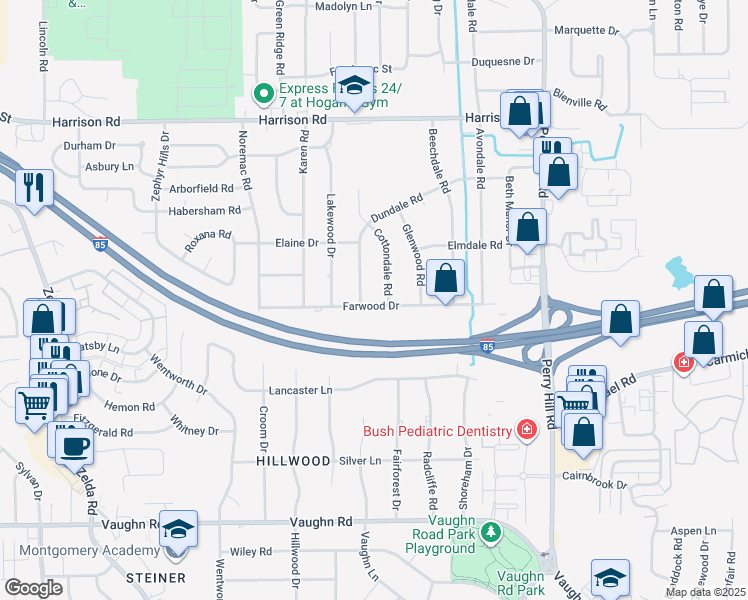 map of restaurants, bars, coffee shops, grocery stores, and more near 3414 Dundale Road in Montgomery