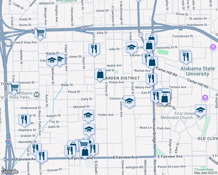 map of restaurants, bars, coffee shops, grocery stores, and more near 1202 South Perry Street in Montgomery