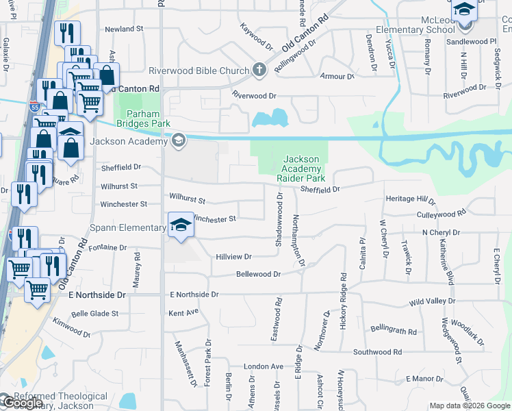 map of restaurants, bars, coffee shops, grocery stores, and more near 1712 Wilhurst Street in Jackson