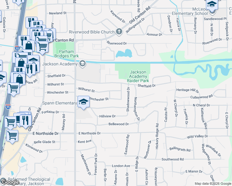 map of restaurants, bars, coffee shops, grocery stores, and more near 1712 Wilhurst Street in Jackson