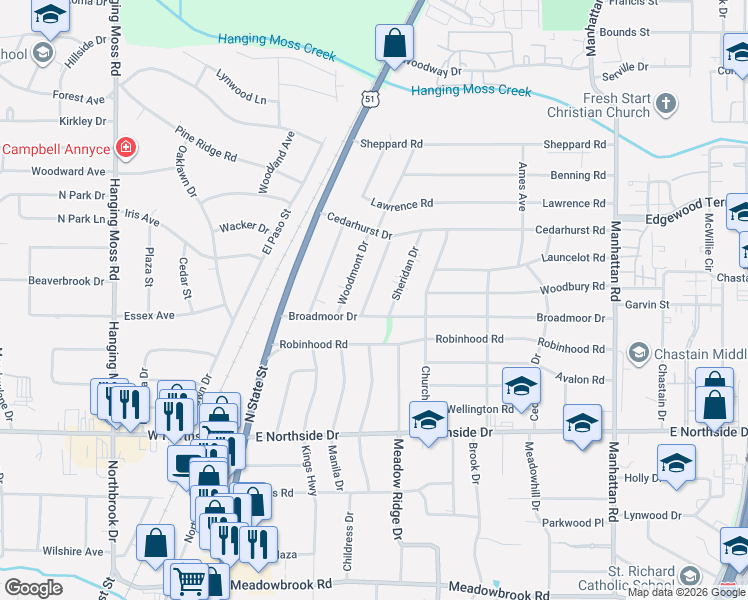 map of restaurants, bars, coffee shops, grocery stores, and more near 4831 Sheridan Drive in Jackson
