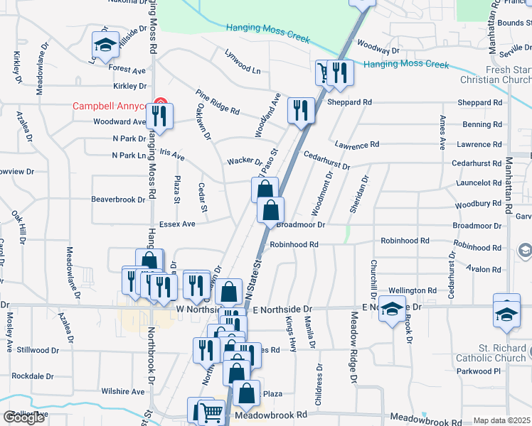 map of restaurants, bars, coffee shops, grocery stores, and more near 4821 North State Street in Jackson