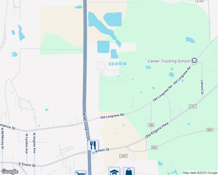 map of restaurants, bars, coffee shops, grocery stores, and more near 3105 County Road 384 in Tyler