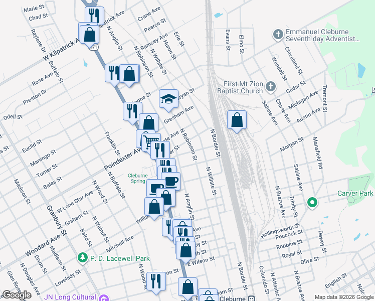 map of restaurants, bars, coffee shops, grocery stores, and more near 908 North Robinson Street in Cleburne