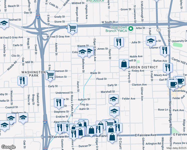 map of restaurants, bars, coffee shops, grocery stores, and more near 1136 Goode St in Montgomery