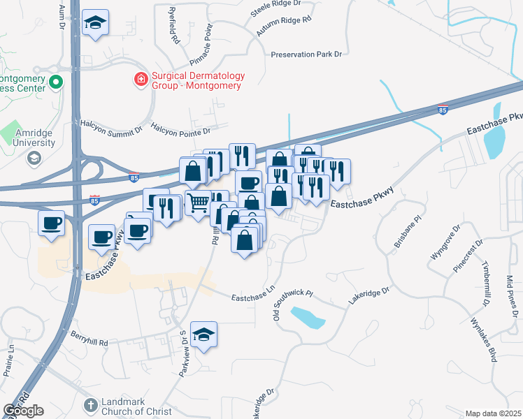 map of restaurants, bars, coffee shops, grocery stores, and more near 2576 Berryhill Road in Montgomery