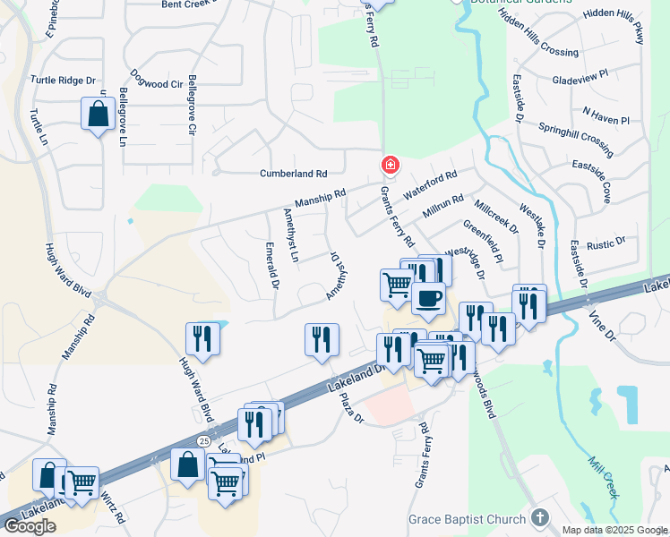 map of restaurants, bars, coffee shops, grocery stores, and more near 182 Amethyst Drive in Brandon
