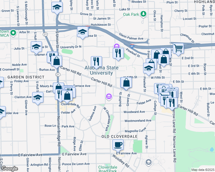 map of restaurants, bars, coffee shops, grocery stores, and more near 1649-1699 E University Dr in Montgomery