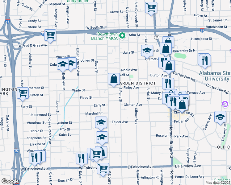 map of restaurants, bars, coffee shops, grocery stores, and more near 37 Linden Street in Montgomery