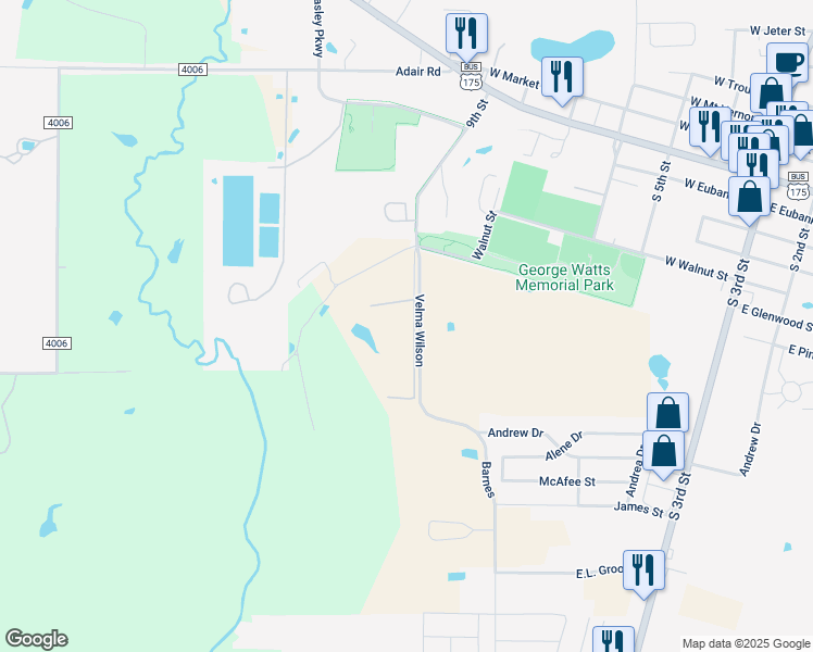 map of restaurants, bars, coffee shops, grocery stores, and more near 12942 Greer Road in Mabank