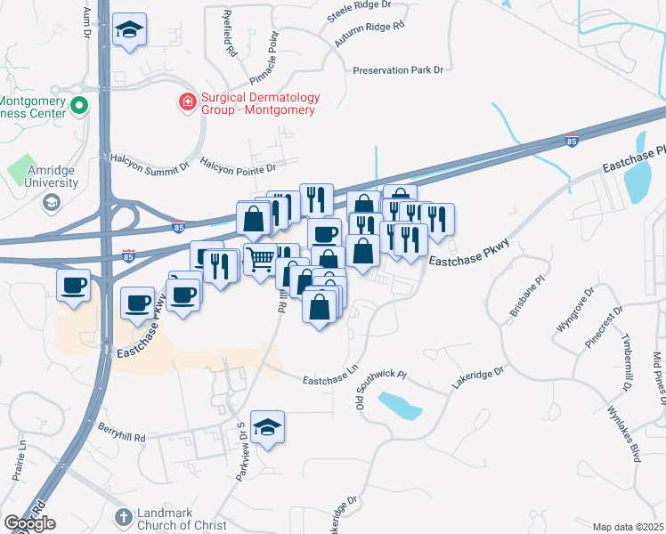 map of restaurants, bars, coffee shops, grocery stores, and more near 2576 Berryhill Road in Montgomery