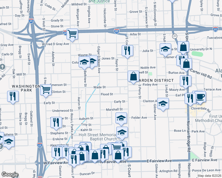 map of restaurants, bars, coffee shops, grocery stores, and more near 138 Wade Street in Montgomery