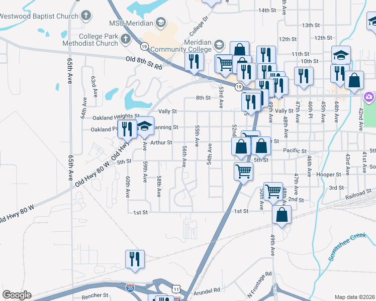 map of restaurants, bars, coffee shops, grocery stores, and more near 529 55th Avenue in Meridian
