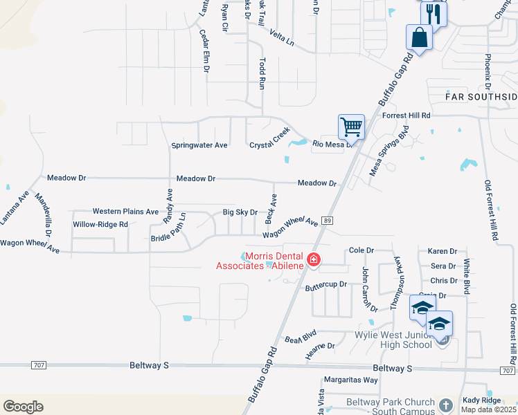 map of restaurants, bars, coffee shops, grocery stores, and more near 5018 Big Sky Drive in Abilene