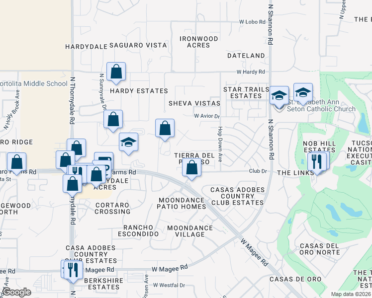 map of restaurants, bars, coffee shops, grocery stores, and more near 3300 West Treece Place in Tucson