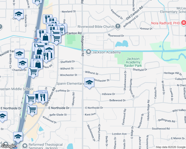 map of restaurants, bars, coffee shops, grocery stores, and more near 1638 Wilhurst Street in Jackson