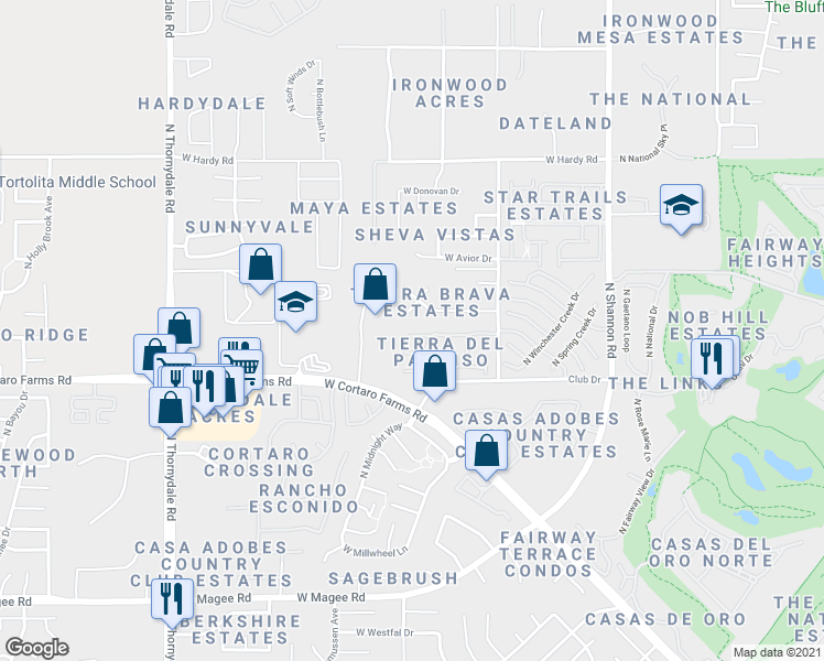 map of restaurants, bars, coffee shops, grocery stores, and more near 3300 West Treece Place in Tucson