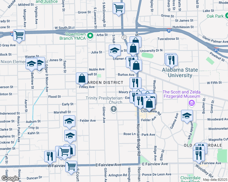 map of restaurants, bars, coffee shops, grocery stores, and more near 1322 South Hull Street in Montgomery