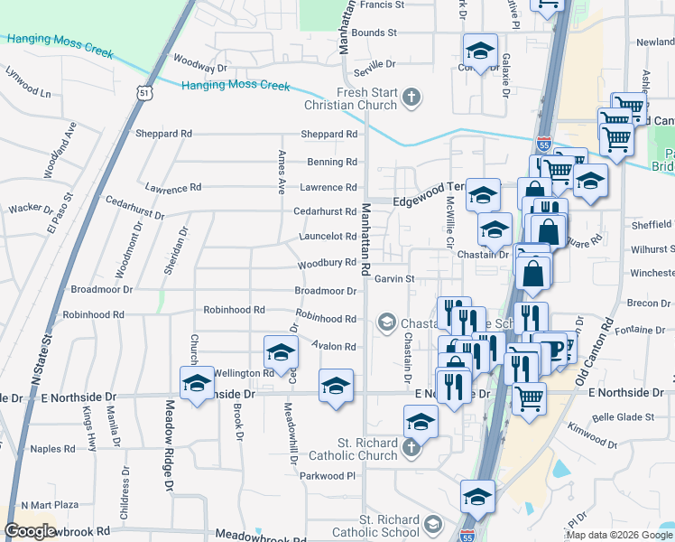 map of restaurants, bars, coffee shops, grocery stores, and more near 769 Woodbury Road in Jackson