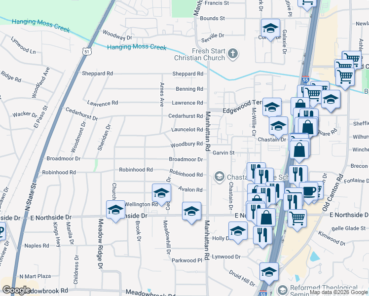 map of restaurants, bars, coffee shops, grocery stores, and more near 729 Woodbury Road in Jackson