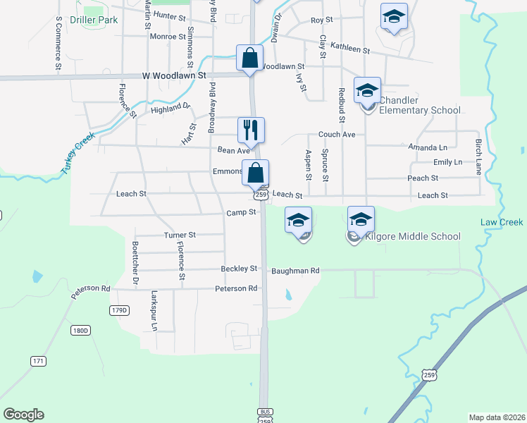 map of restaurants, bars, coffee shops, grocery stores, and more near 2915 South Henderson Boulevard in Kilgore