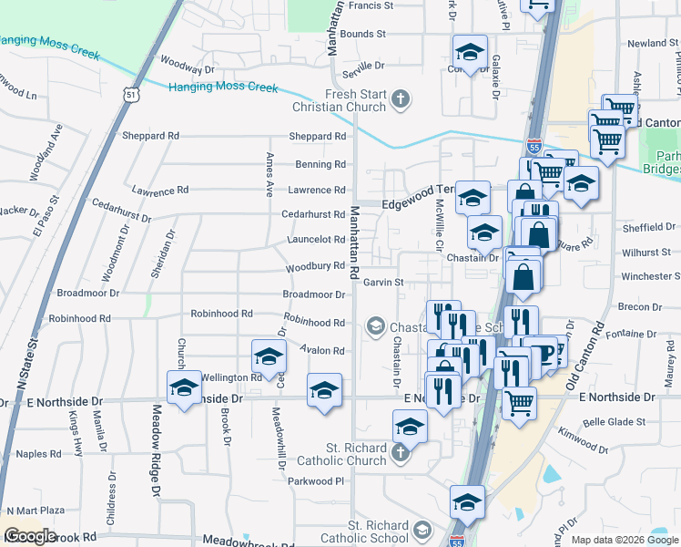map of restaurants, bars, coffee shops, grocery stores, and more near 769 Woodbury Road in Jackson