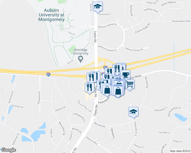 map of restaurants, bars, coffee shops, grocery stores, and more near 1272 Taylor Road in Montgomery
