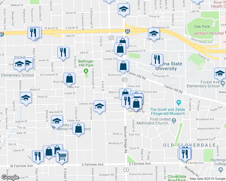 map of restaurants, bars, coffee shops, grocery stores, and more near 478 Finley Avenue in Montgomery