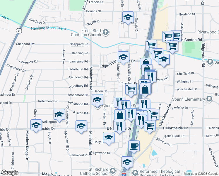 map of restaurants, bars, coffee shops, grocery stores, and more near 4824 Chastain Drive in Jackson