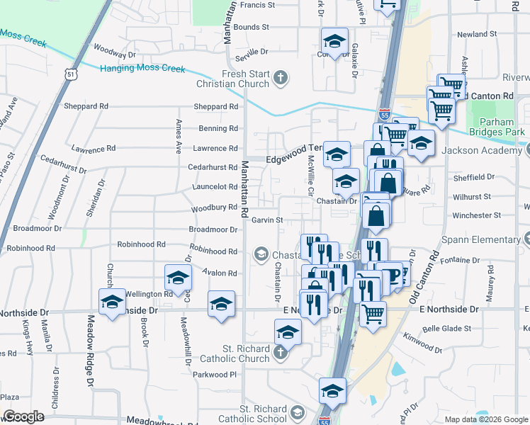 map of restaurants, bars, coffee shops, grocery stores, and more near 4801 Autumn Woods Drive in Jackson