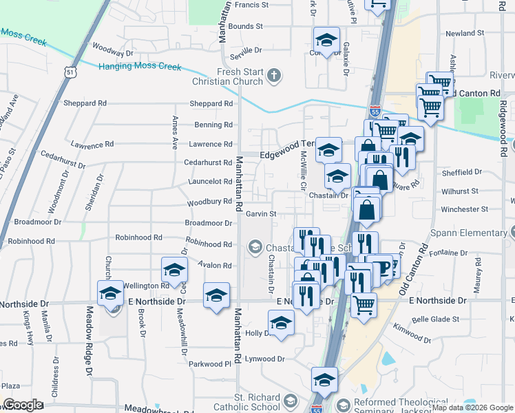 map of restaurants, bars, coffee shops, grocery stores, and more near 4801 Autumn Woods Drive in Jackson