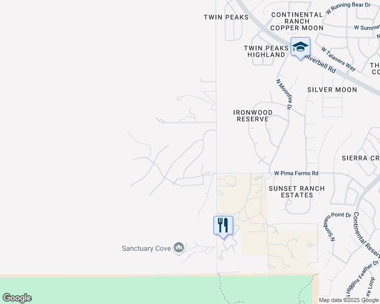 map of restaurants, bars, coffee shops, grocery stores, and more near West Pima Farms Road in Tucson