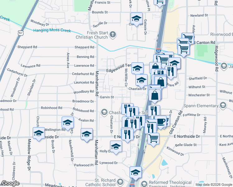 map of restaurants, bars, coffee shops, grocery stores, and more near 4824 Chastain Drive in Jackson