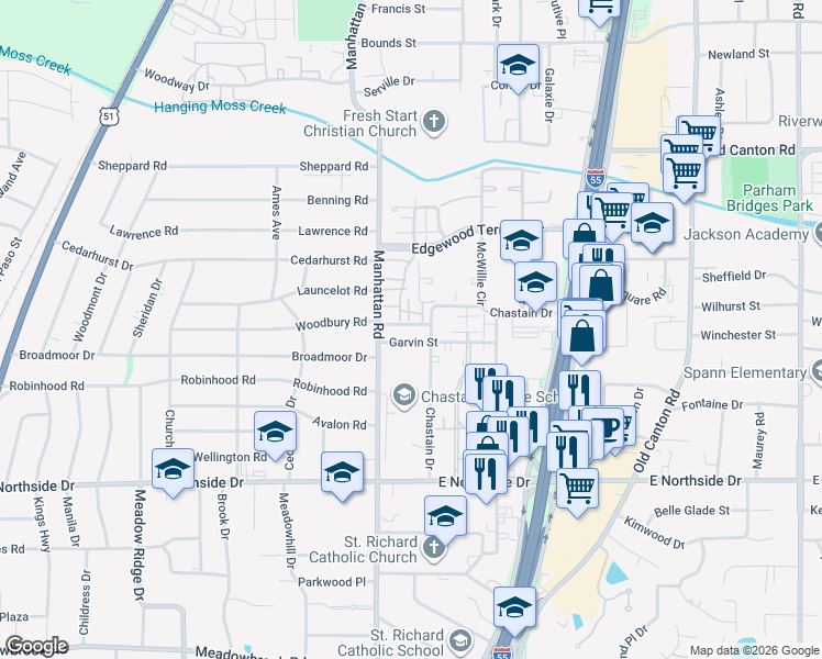 map of restaurants, bars, coffee shops, grocery stores, and more near 4801 Autumn Woods Drive in Jackson