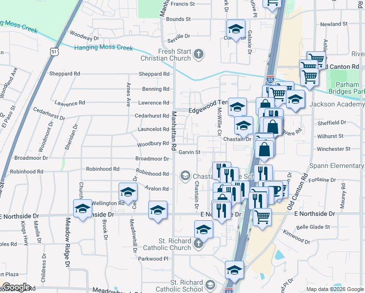 map of restaurants, bars, coffee shops, grocery stores, and more near 823 Woodbury Road in Jackson