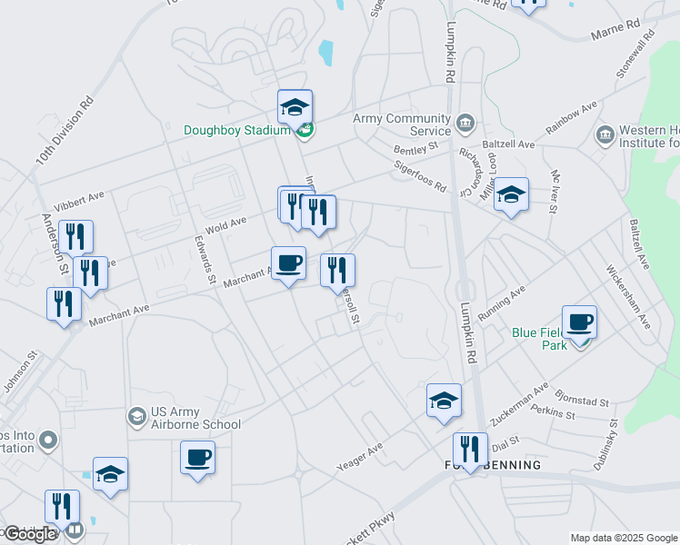 map of restaurants, bars, coffee shops, grocery stores, and more near Ingersoll Street in Fort Benning