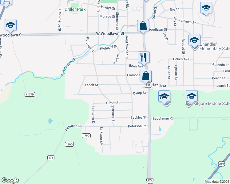 map of restaurants, bars, coffee shops, grocery stores, and more near 629 Camp Street in Kilgore