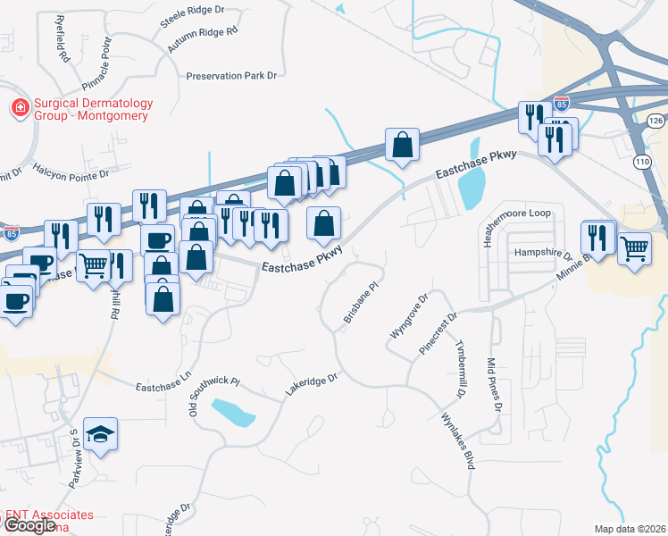 map of restaurants, bars, coffee shops, grocery stores, and more near 7346 Brisbane Place in Montgomery