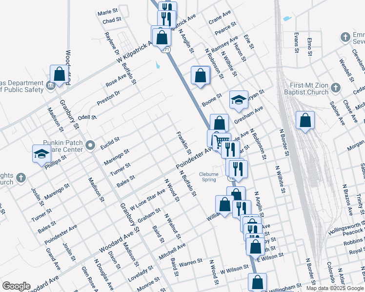 map of restaurants, bars, coffee shops, grocery stores, and more near 209 Turner Street in Cleburne