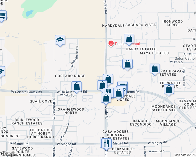 map of restaurants, bars, coffee shops, grocery stores, and more near 8505 North Thornydale Road in Tucson