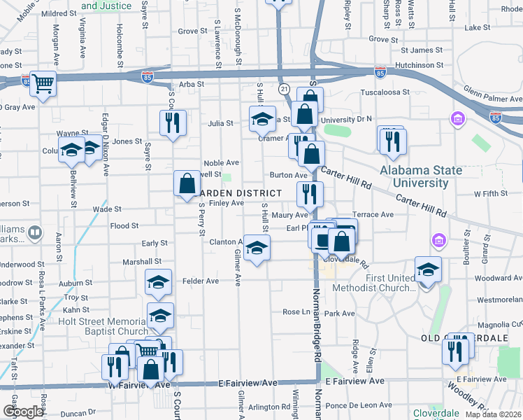 map of restaurants, bars, coffee shops, grocery stores, and more near 1316 South Hull Street in Montgomery